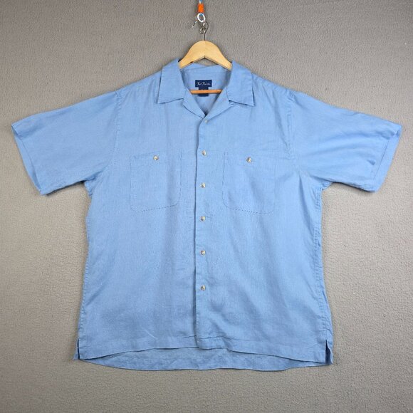Paul Fredrick Shirt Men Size Large Light Blue 100% Linen Relaxed Fit Camp Collar - Picture 1 of 12